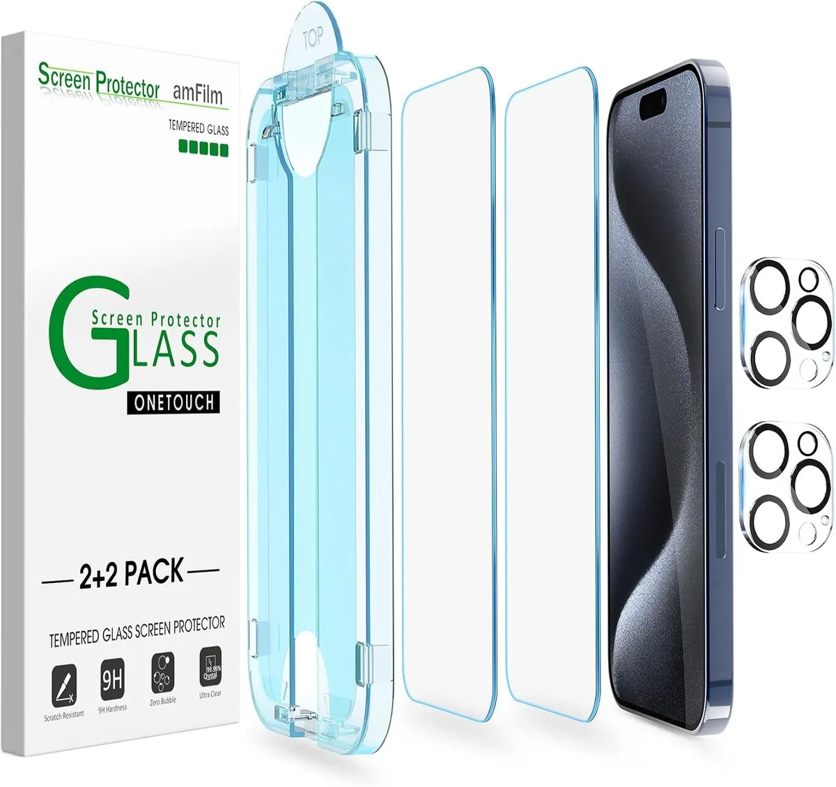 Clear tempered glass screen and lens protectors in a two pack for iPhone 15 Pro Max 6.7