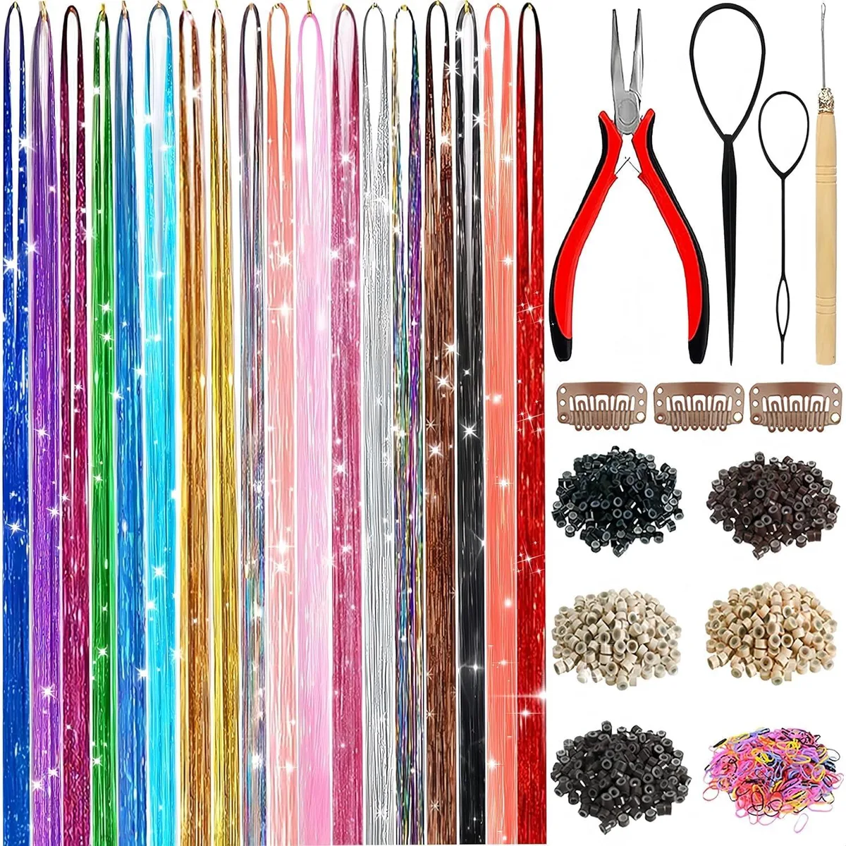 A rectangular box containing 18 colour-coded packs of holographic hair tinsel, a crochet hook, pliers, silicone link rings