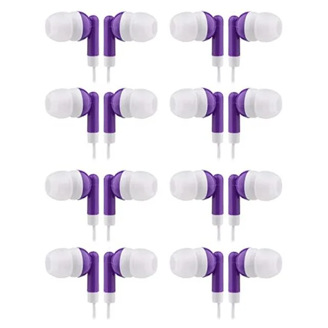 Fifty purple in-ear earbuds in individual bags with 3.5 mm plugs and 3.6 ft cords