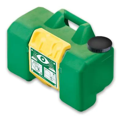 Green wall-mounted eyewash station with pull tray, 9 gal plastic tank, 22x15x10 in