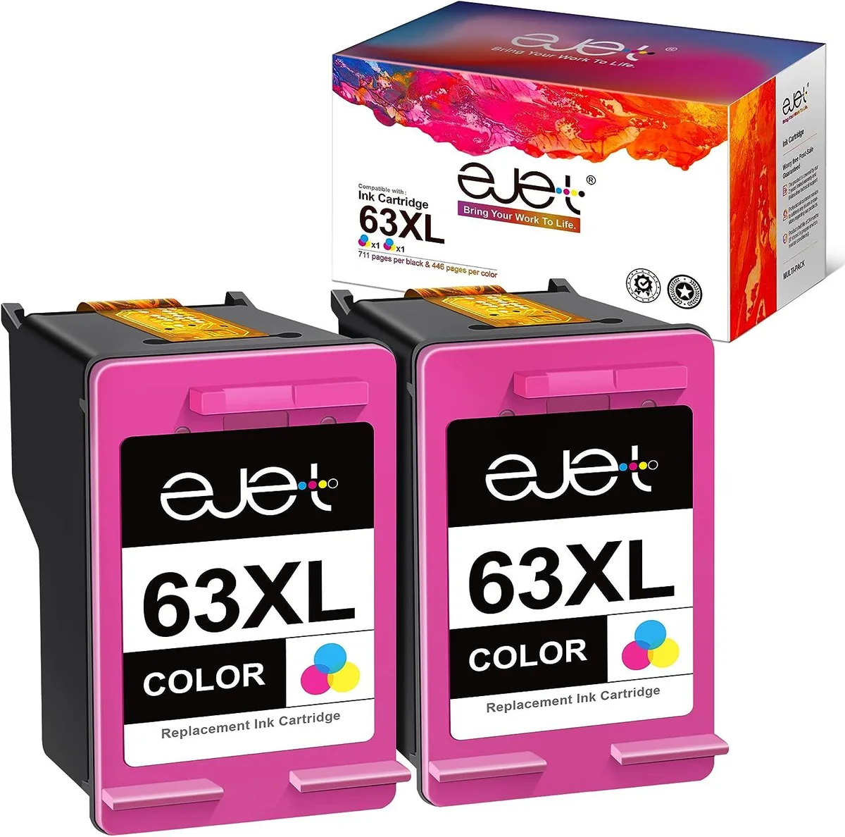Two sealed NuoTo 63XL tri-color ink cartridges in retail packaging
