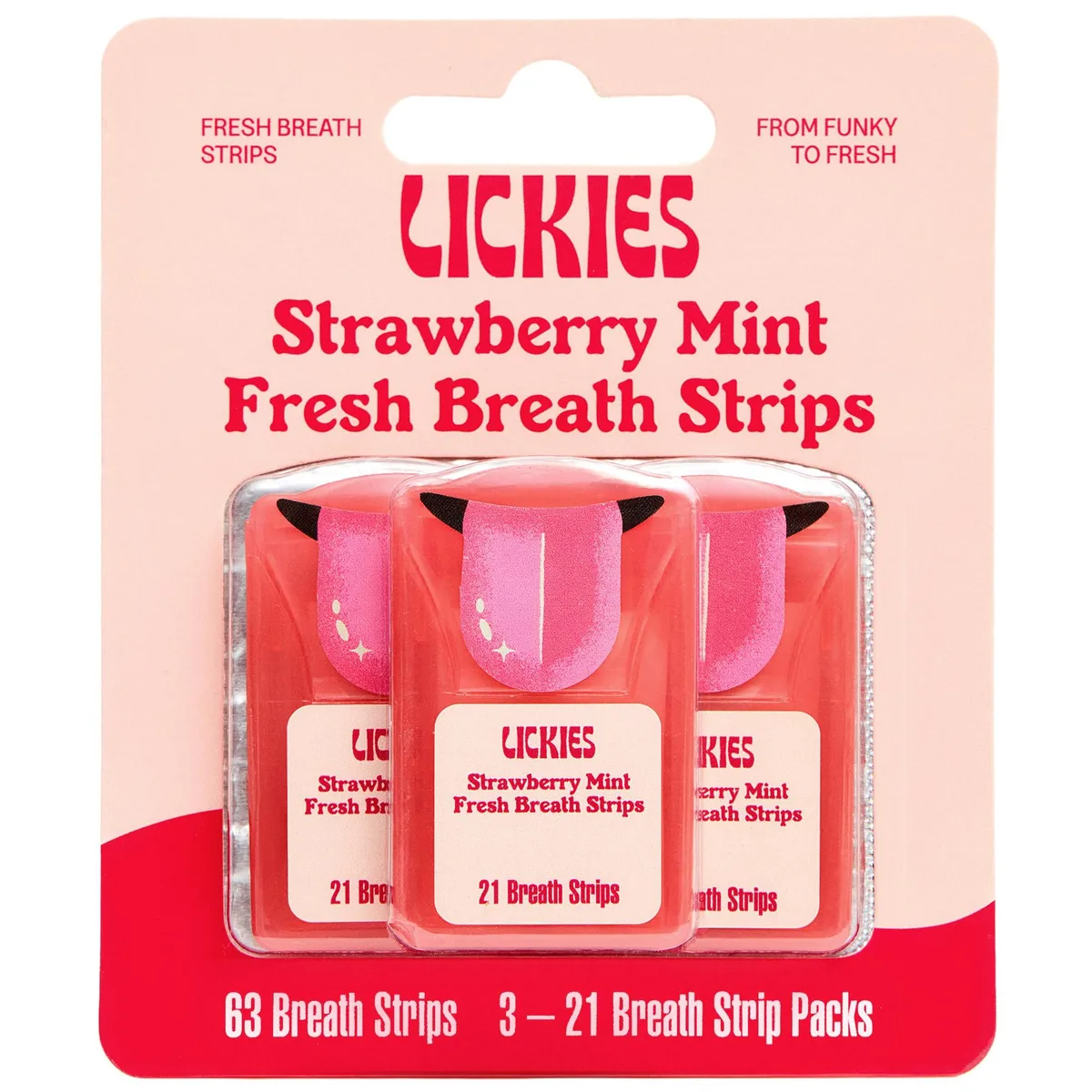 Three small rectangular tins of strawberry mint breath strips, 63 strips total
