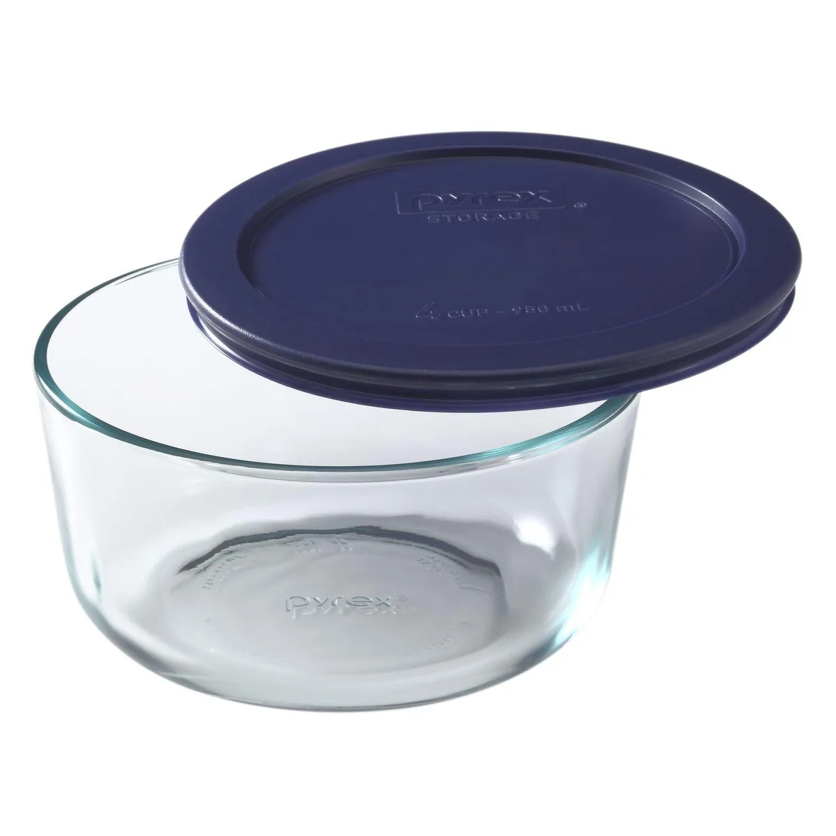 Round glass food storage dish with red base and blue plastic lid