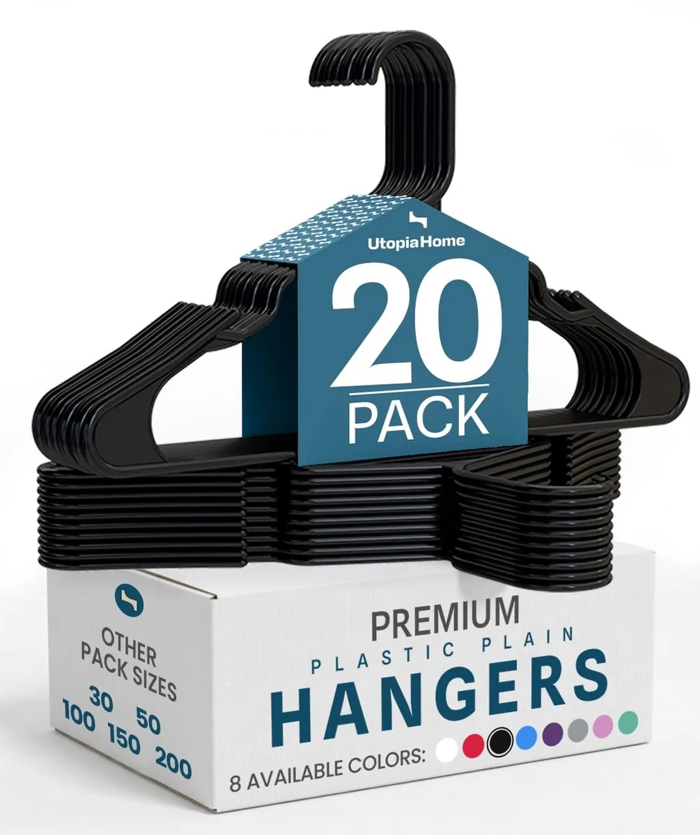Twenty black plastic hangers, slim profile with strap notches