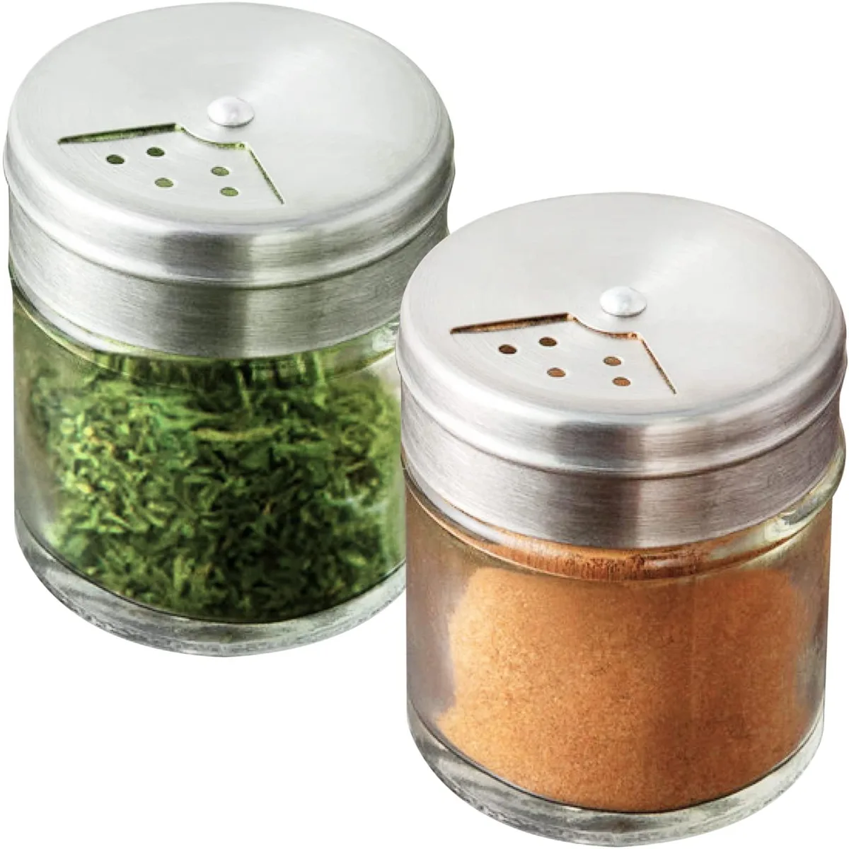 Two clear glass spice shakers with floral stainless steel lids, 1.5 oz each