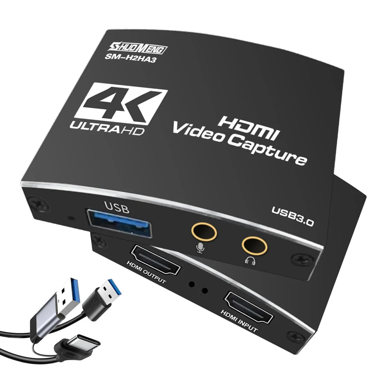 Black rectangular capture card with HDMI ports and 3.5 mm audio jacks