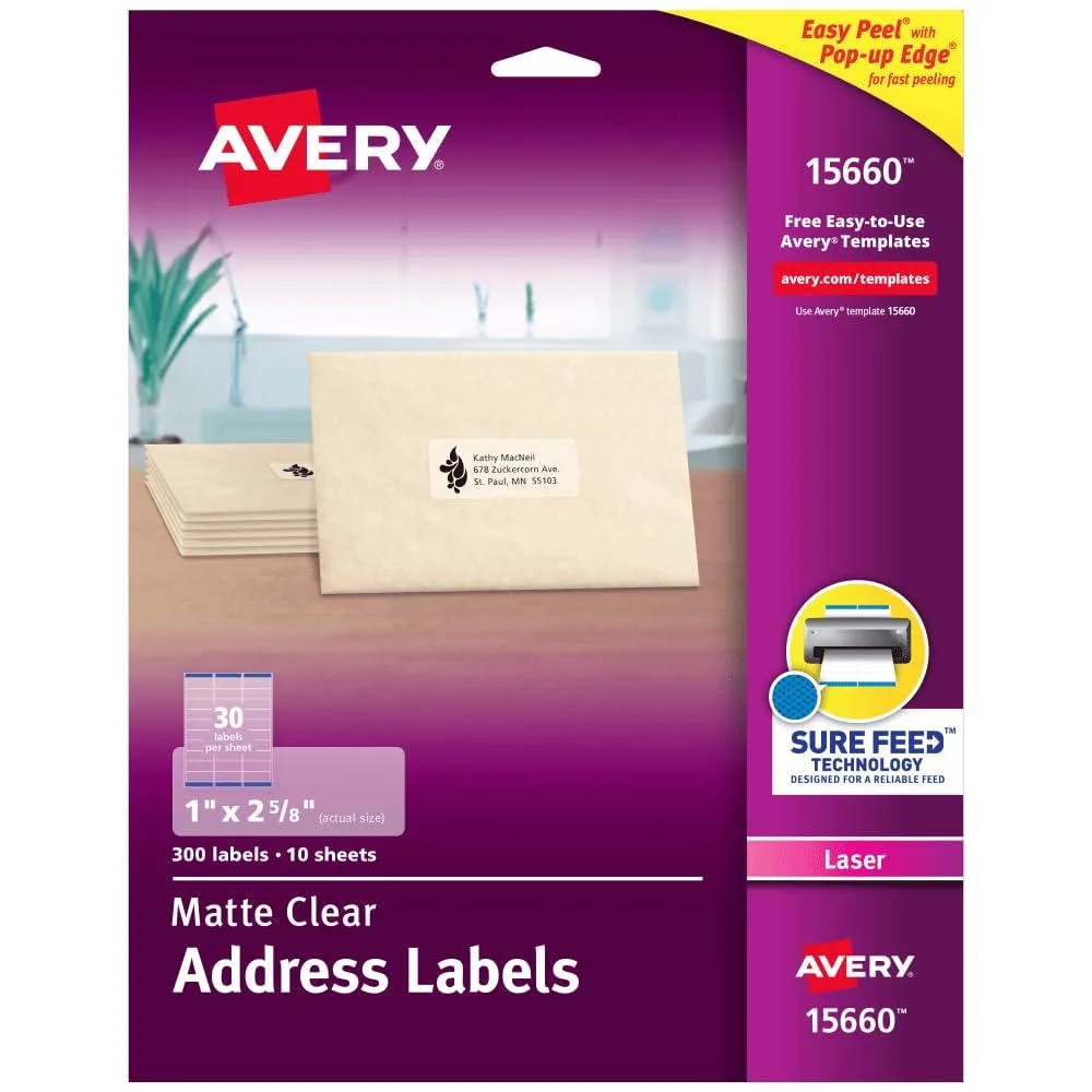  Avery AVE15660 Clear Easy Peel Address Labels 1" x 2-5/8" 300 Pack — product photo