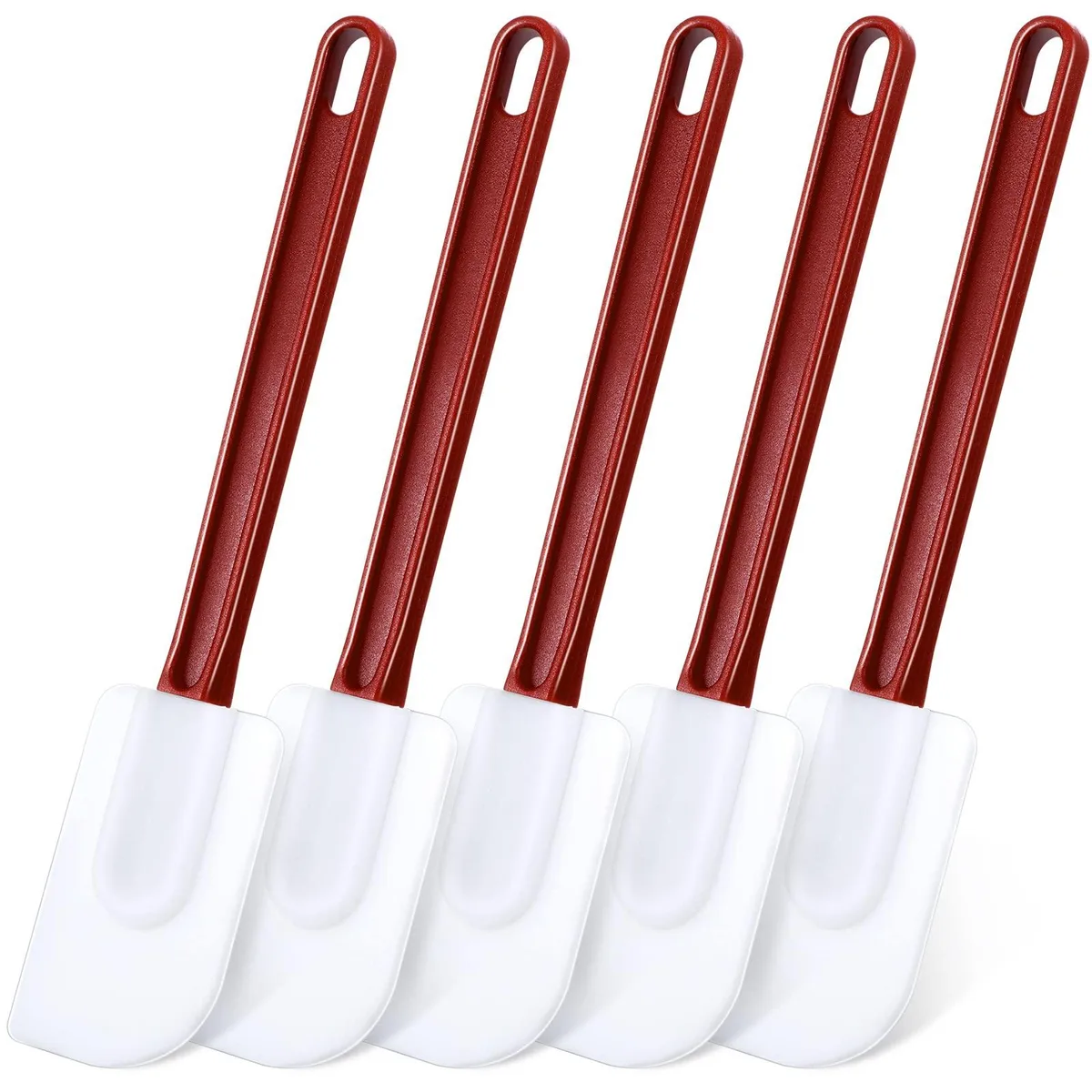 Five brown silicone spatulas, each about ten inches long