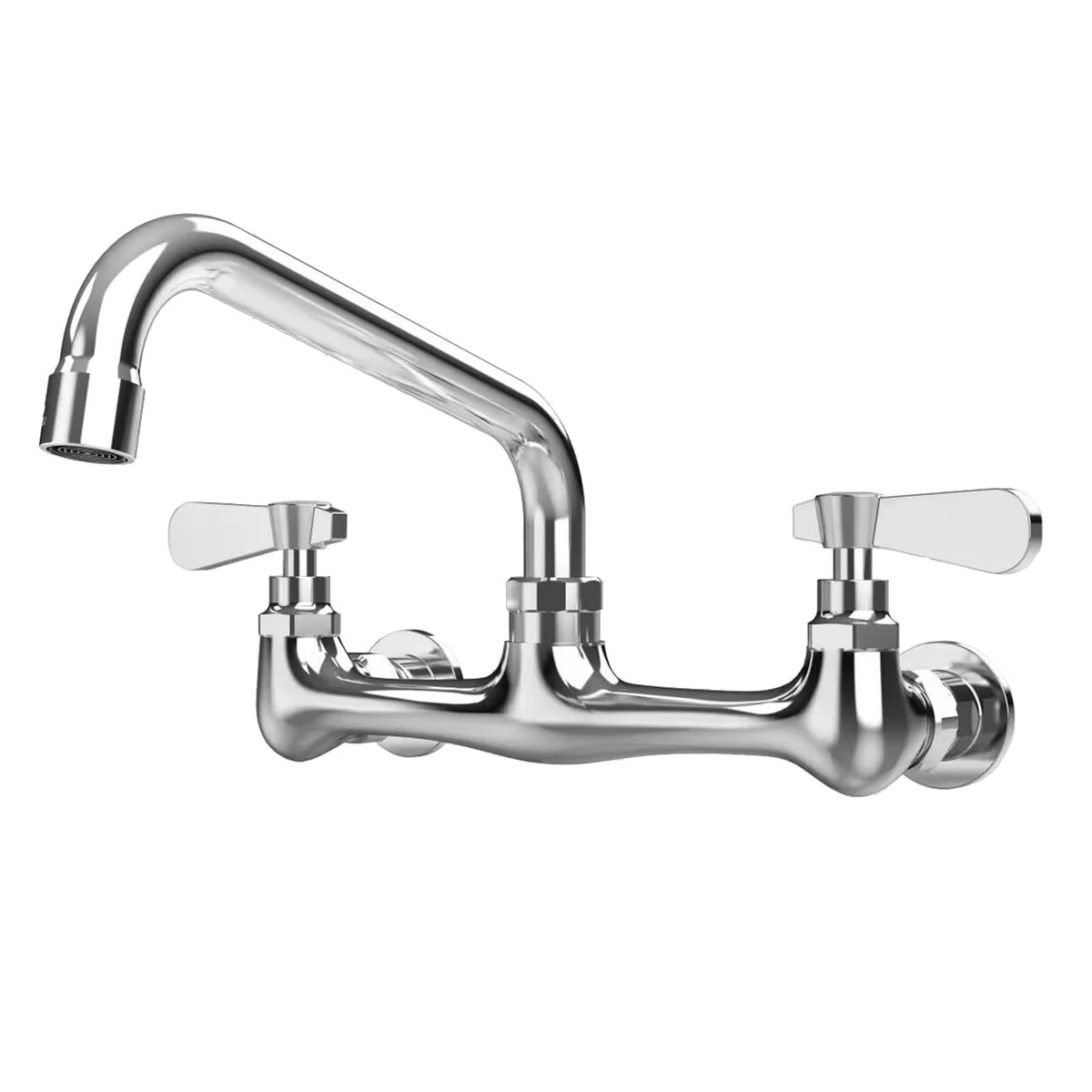 Chrome wall-mount kitchen faucet with 8-inch adjustable centers, 7.4-inch gooseneck spout, dual lever handles