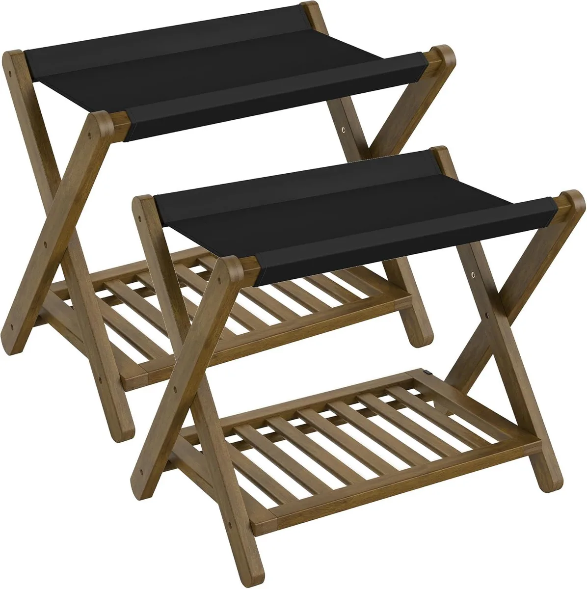 MCHOSE MCHOSE Bamboo Luggage Rack Foldable Suitcase Stand Holder with Storage Shelf Walnut Brown Set of 2 — product photo
