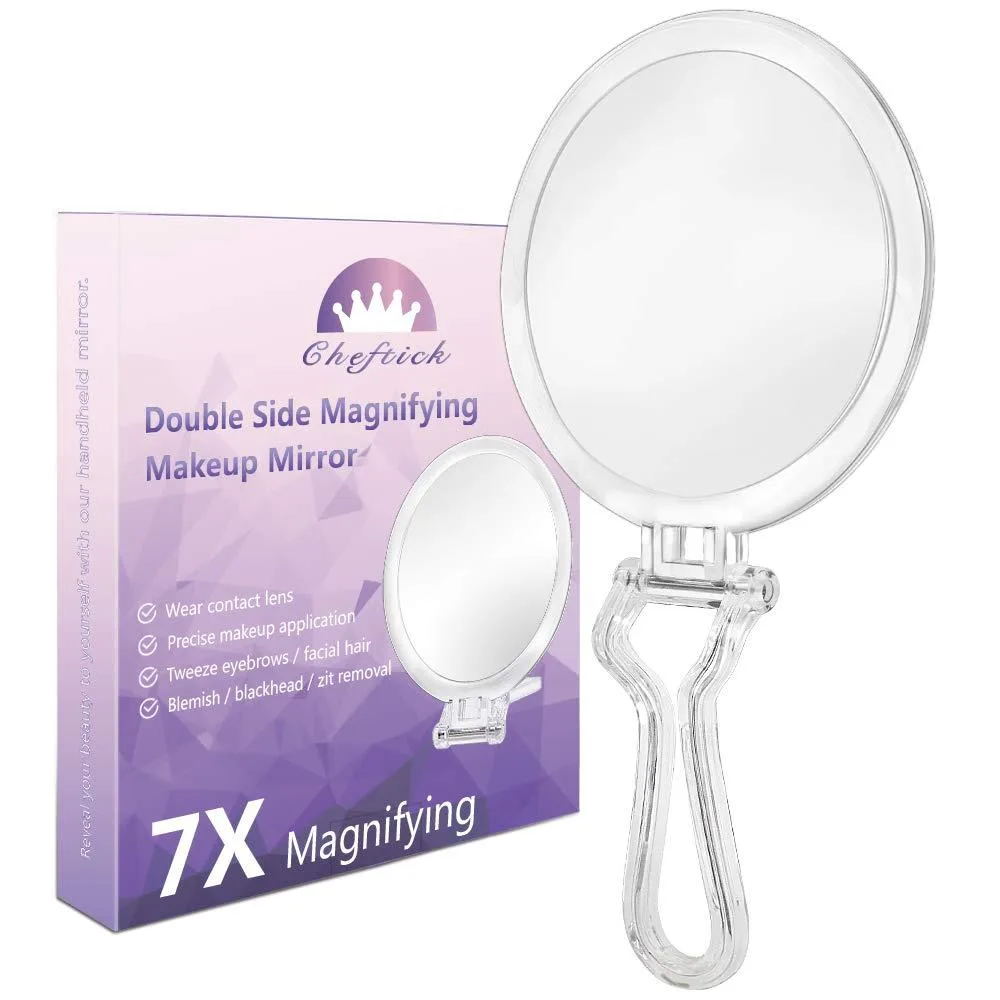 Clear round mirror with folding handle, 6.1 inch double-sided 1x and 7x magnification
