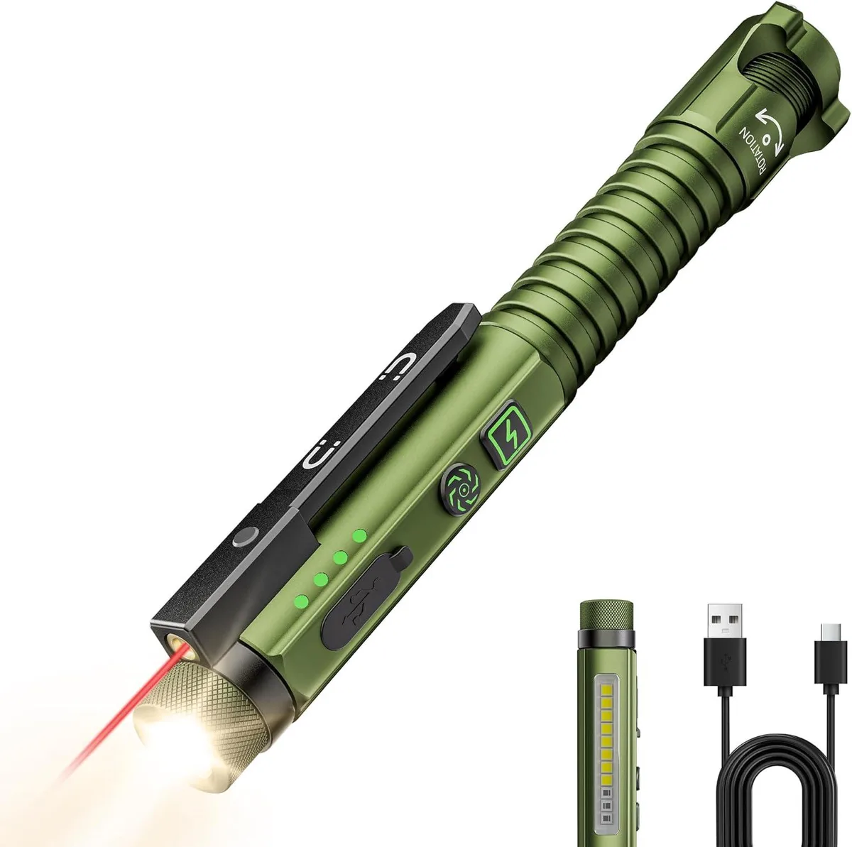 Compact black EDC flashlight with magnetic clip base, glass breaker tip and bottle opener