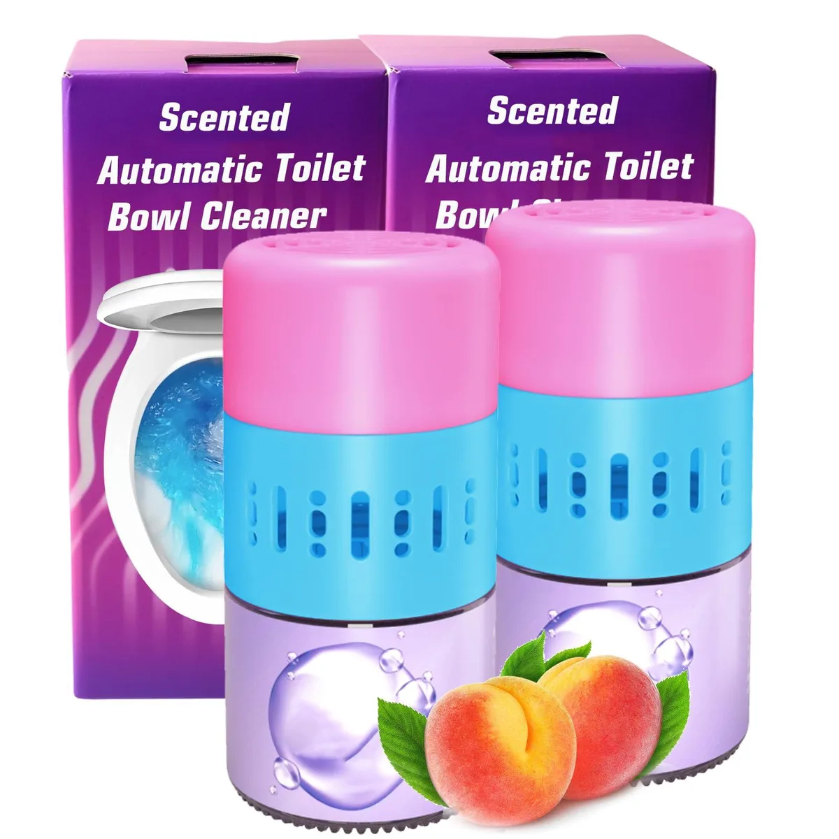 Two pink scented toilet tank cleaner pods in a bottle