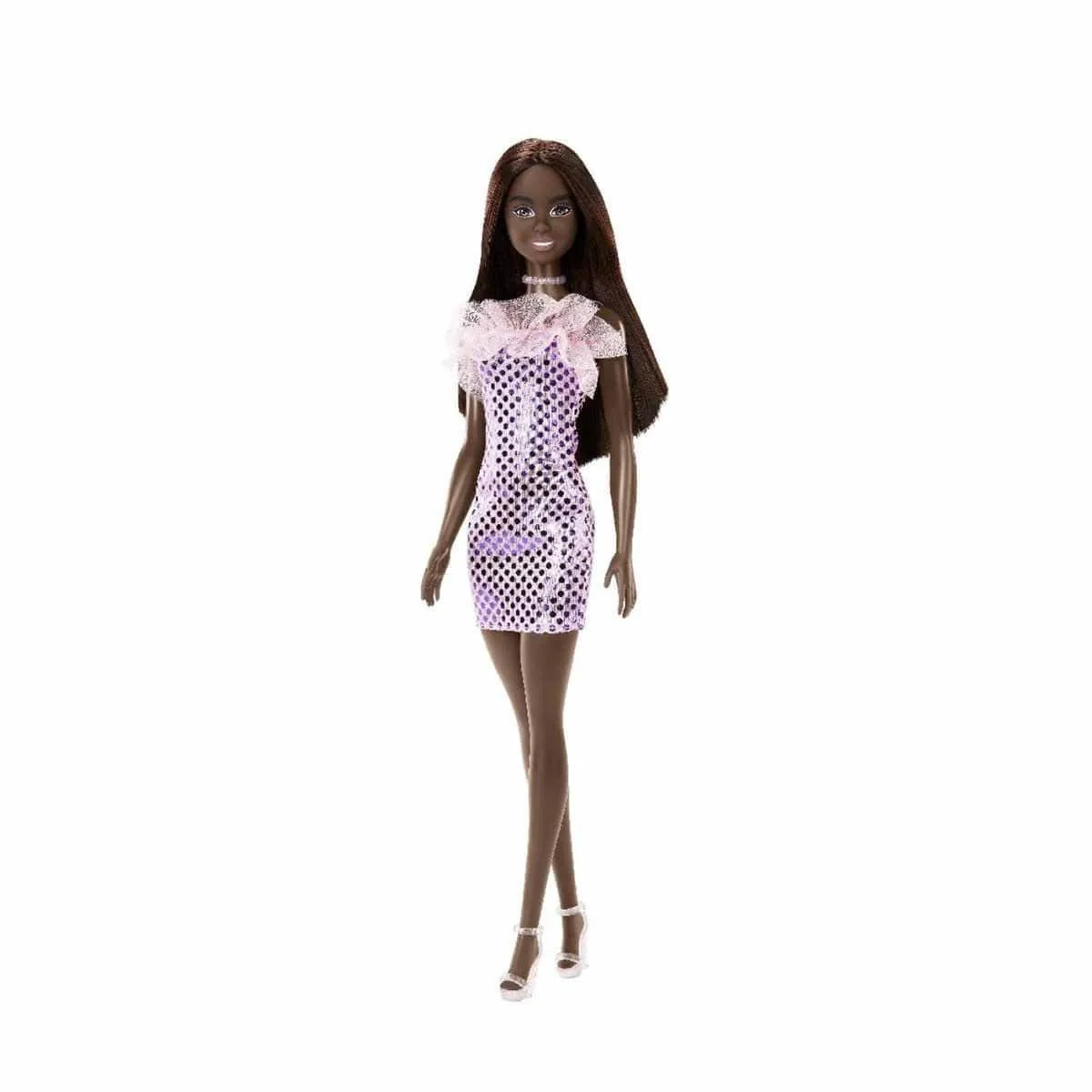 Mattel Mattel Barbie 11.5 inch Fashion Doll Dark Brown Hair Pink Metallic Dress — product photo