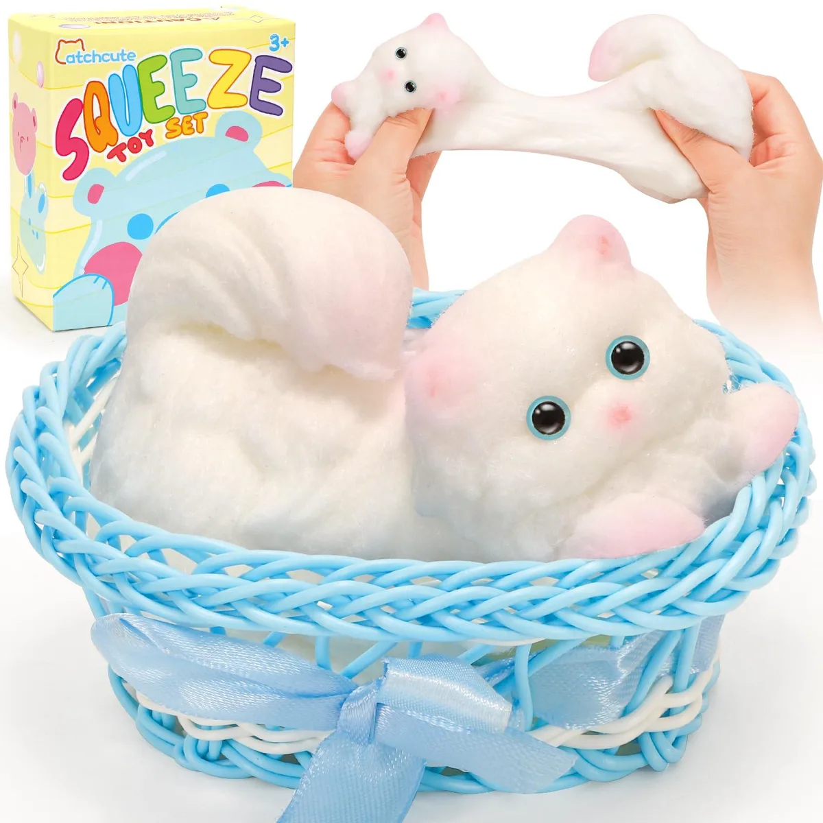 Three soft plastic cat squishies in a woven basket, clear bag packaging