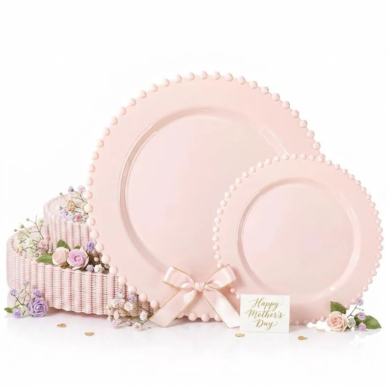 Stack of pink square plastic plates with beaded edges in two sizes