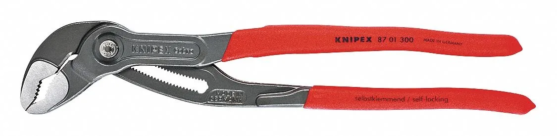 Polished chrome vanadium steel 12 in water pump pliers with push button adjustment and cushion grips