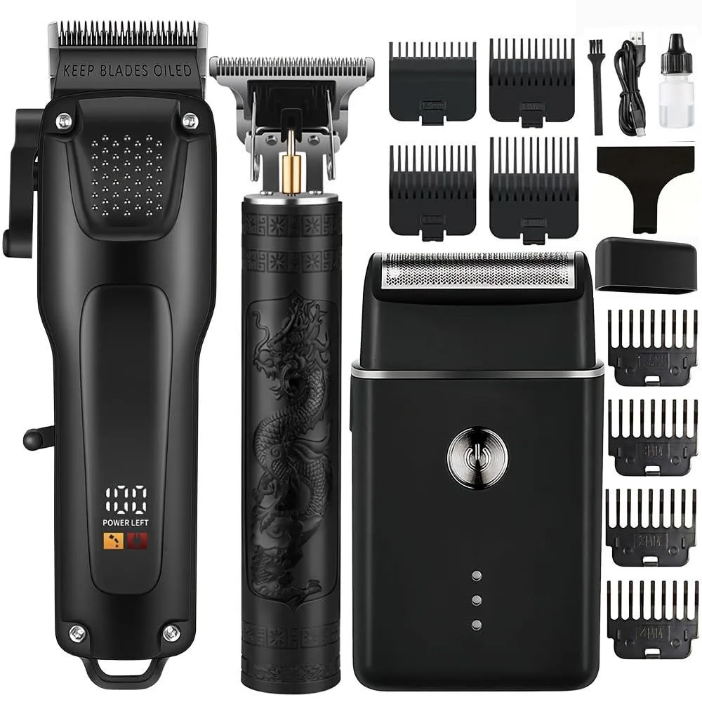 Black five-head grooming kit with clipper, T-trimmer and foil shaver