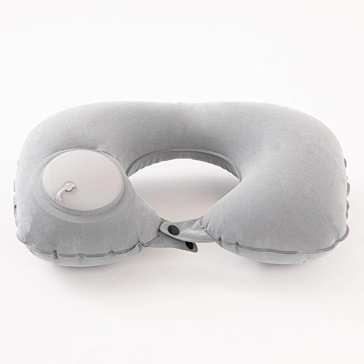 Small black inflatable U-shaped neck pillow, deflated and folded in clip-on pouch, pack of ten