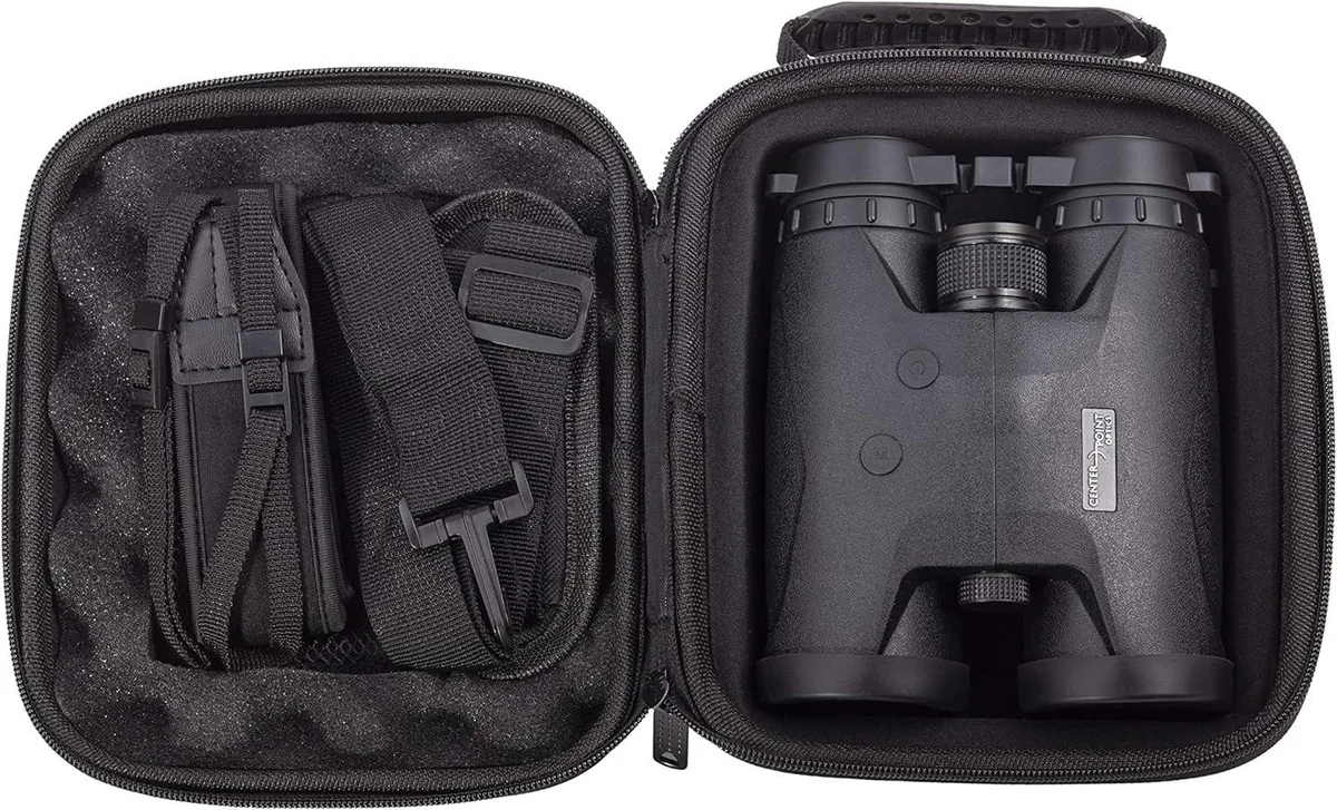 Black 8x42 laser rangefinding binoculars with rubber armour, centre focus wheel and range button