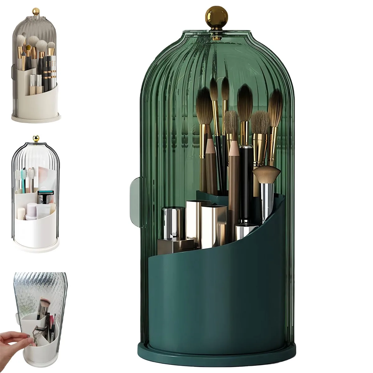 Green cylindrical bathroom organiser with sliding cover and rotating base