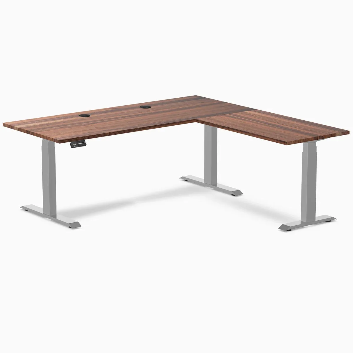 Desky Desky Hardwood L-Shape Sit Stand Desk Walnut Grey 72 x 30 x 70 x 24 in Grommets — product photo