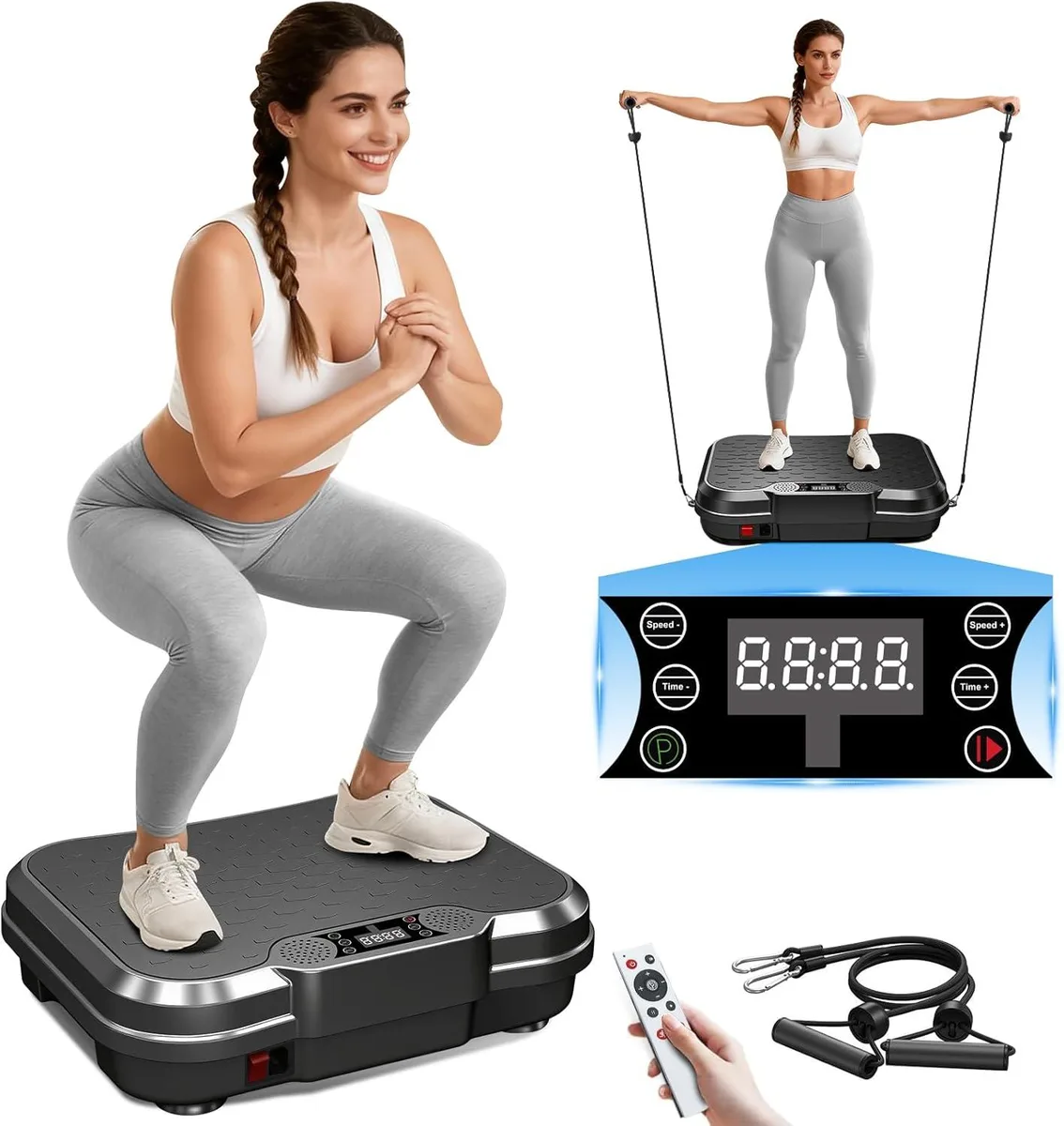 Black rectangular vibration platform with textured surface and LED display showing speed and time