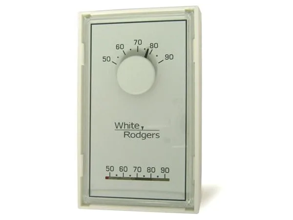 White rectangular low-voltage thermostat, vertical mount, mercury-free