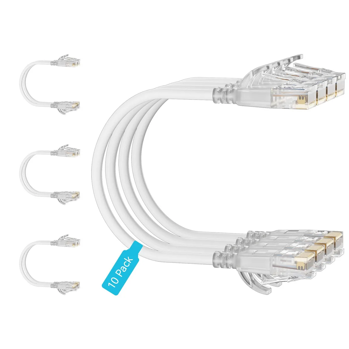  Mnlnbuao Cat6a Slim Patch Cable 0.5ft 10-Pack White 30AWG 550MHz — product photo