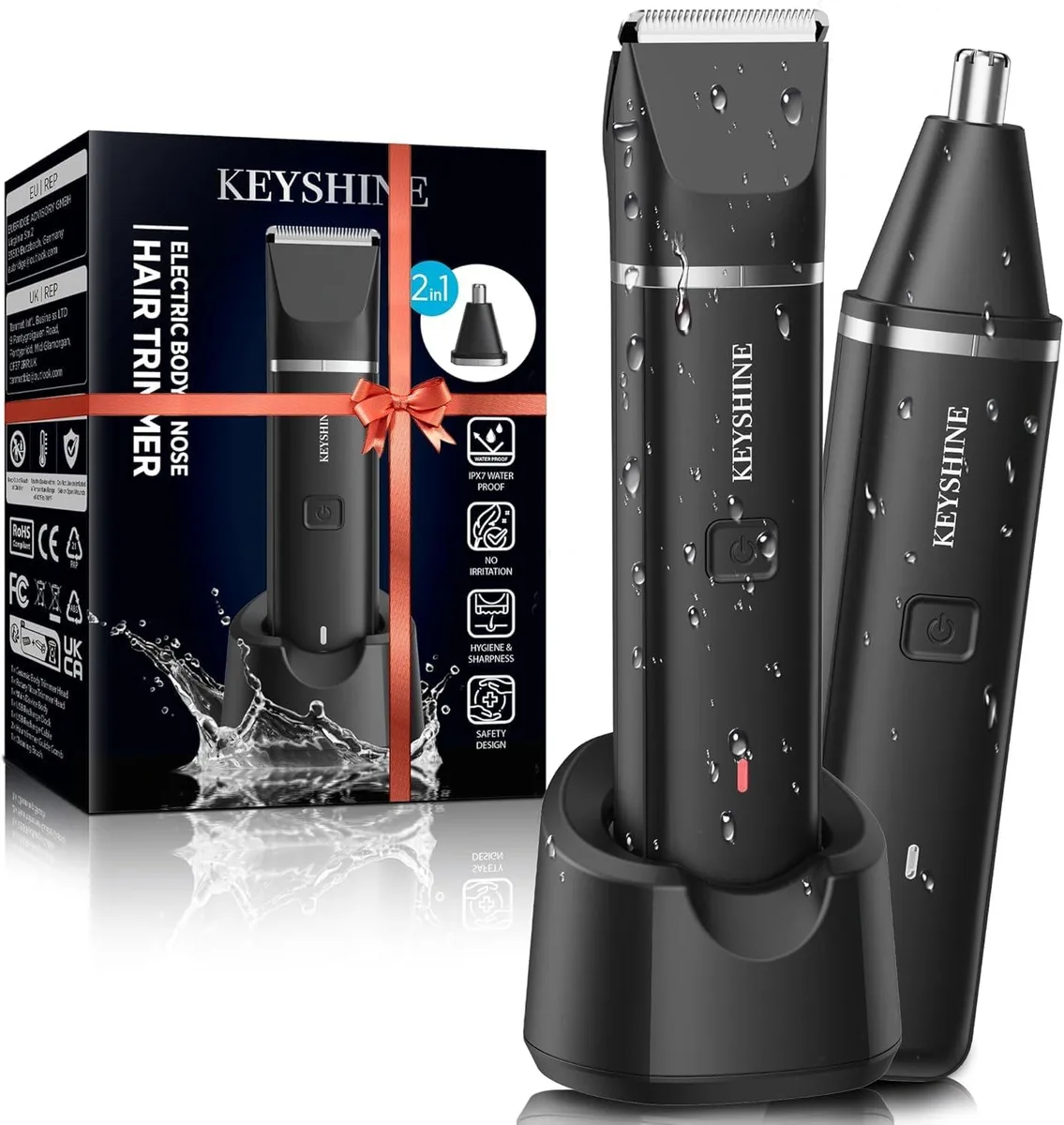 Black rotary shaver with nose-hair attachment, matte finish, lightweight at 0.322 kg