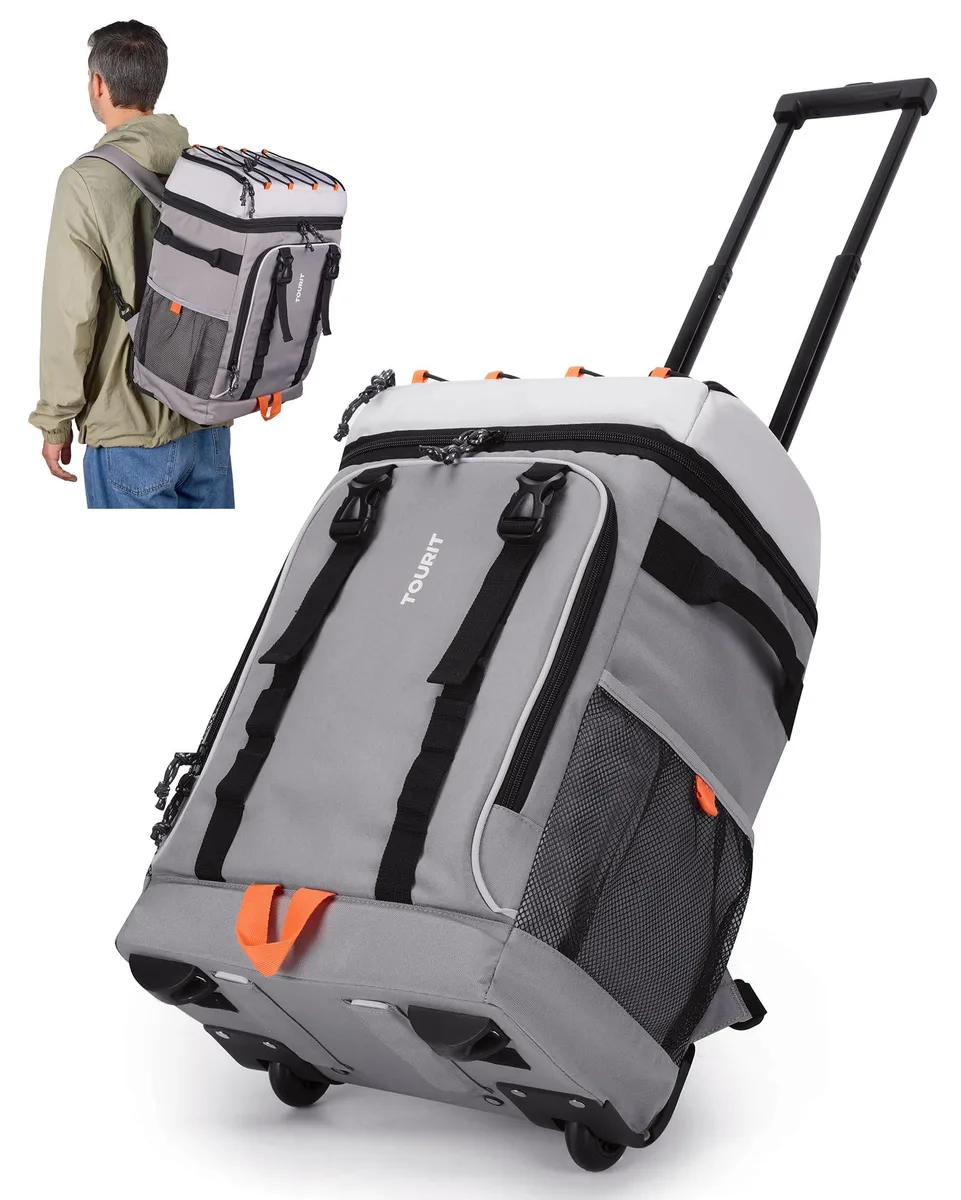 Grey wheeled cooler backpack with telescopic handle and shoulder straps