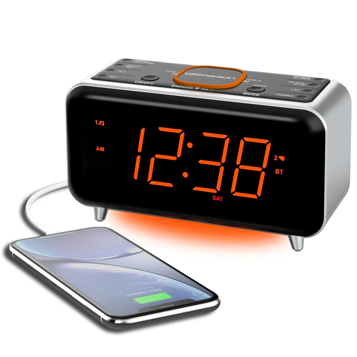 Emerson CKS1521 SmartSet Bluetooth 5.1 Clock Radio 1.4" Orange LED Dual Alarm USB 1.5A FM 20 Presets — product photo