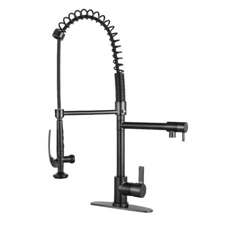 Matte black pre-rinse faucet with exposed spring and pull-down spray head
