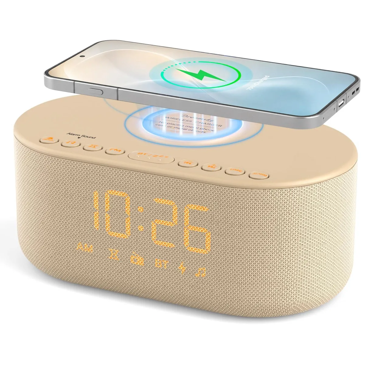 Rectangular putty digital clock with wireless charging pad and speaker grille, 7.3 by 1.5 by 3.0 inches