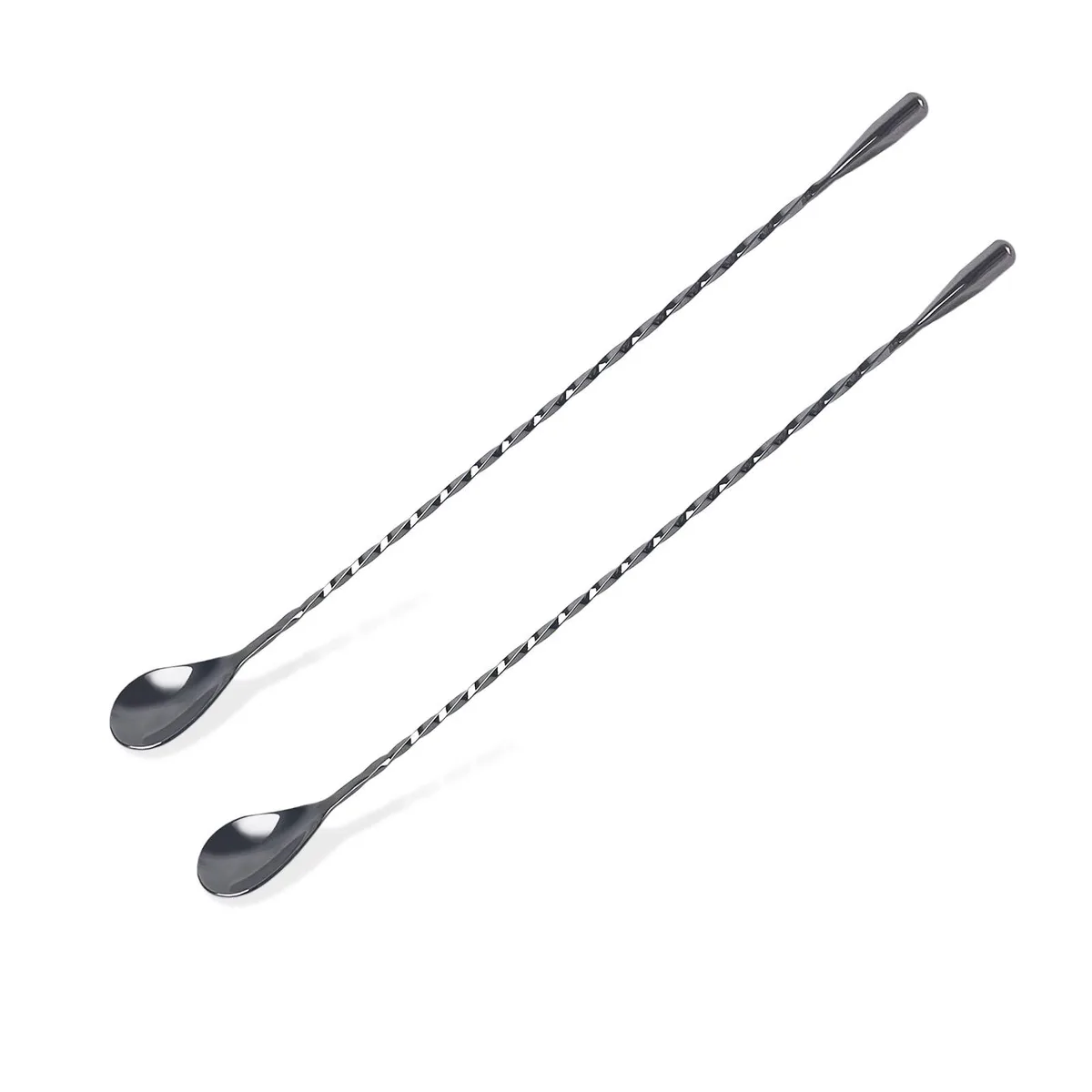 Two 12.5-inch stainless steel bar spoons with black polished finish and spiral handles