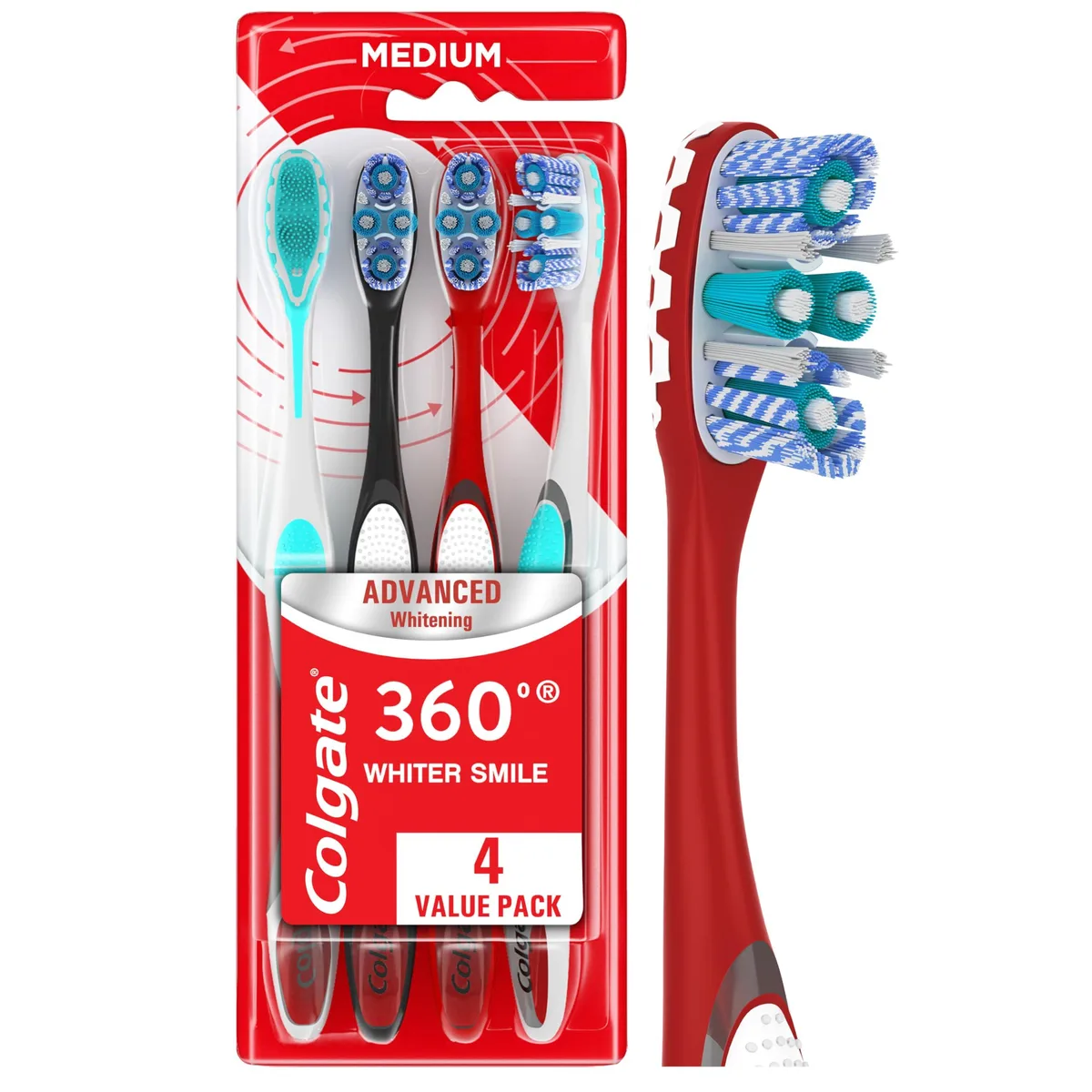 Four white manual toothbrushes with built-in tongue scrapers in a pack