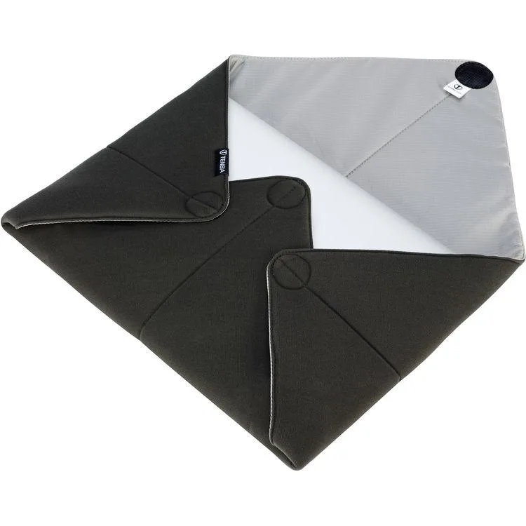 Black square fabric wrap with label window, folded flat