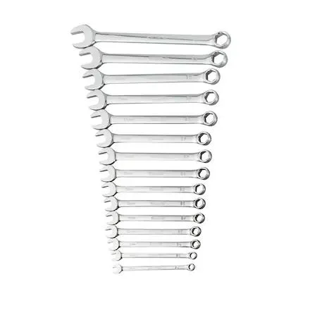 Fifteen chrome combination wrenches in a row, metric sizes 7 through 21 mm