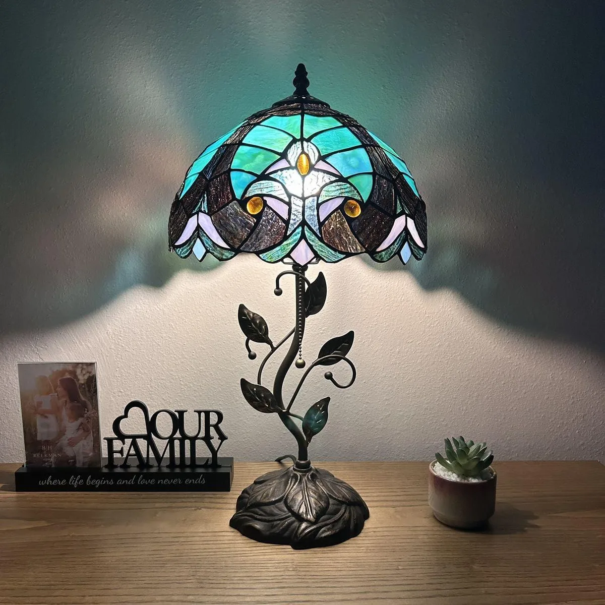 XIN CHENG TIFFANY LIGHTING XIN CHENG TIFFANY LIGHTING Tiffany Table Lamp Green Brown Stained Glass LED Bulb Included 12"W 22"H — product photo