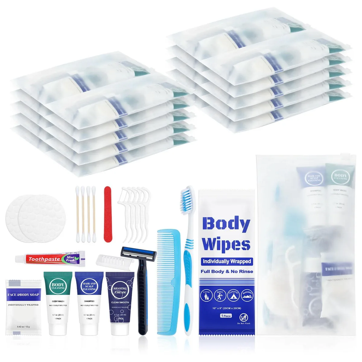 Five blue zippered toiletry kits each containing eleven travel-size items