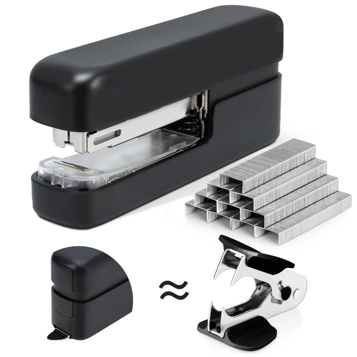 Black desktop stapler with integrated staple remover and storage compartment