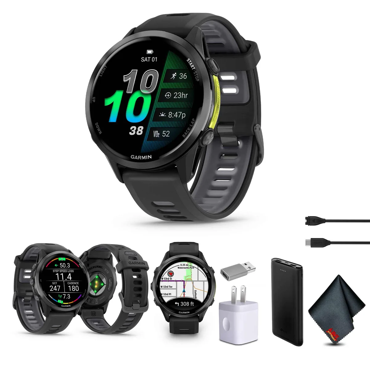 Carbon grey titanium smartwatch with black and translucent band, charging cube, adapter, cloth and power bank
