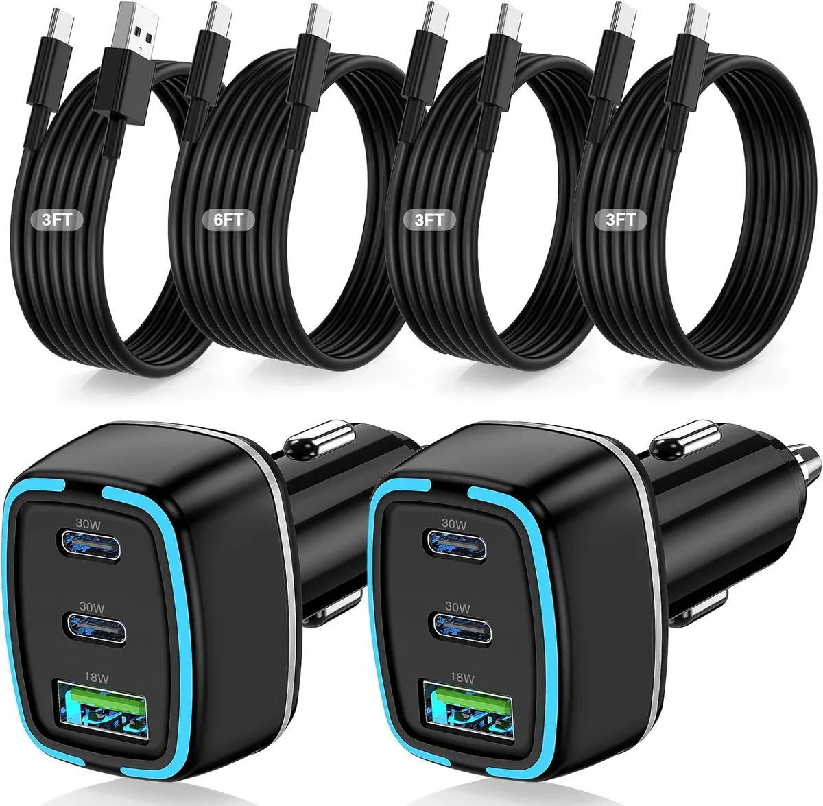 Hamzan Hamzan 75W 3-Port Car Charger PD 3.0 QC 3.0 with 4 Cables 3FT 6.6FT — product photo