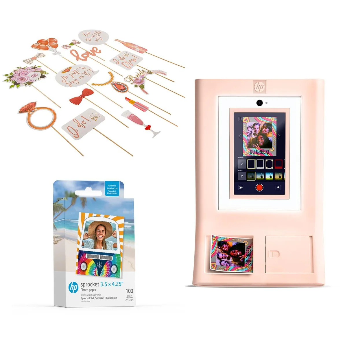 HP HP Sprocket Photo Booth Instant Color Printer Pink 100 Sheets 23 Props — product photo