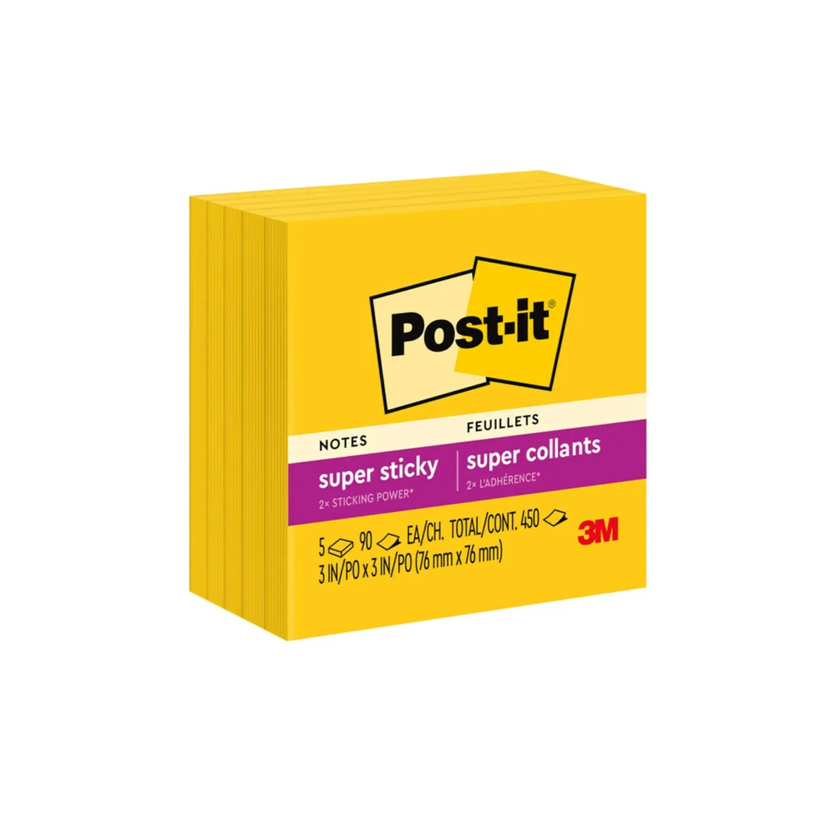Five square pads of bright yellow sticky notes in a paperboard carton