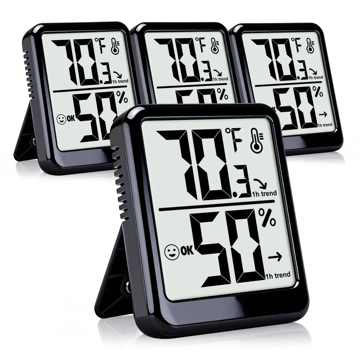 Four small black digital thermometer hygrometers with large screens and kickstands