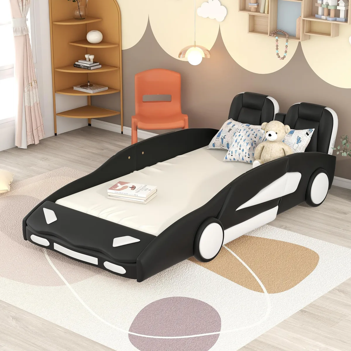 tuphen tuphen Twin Size Race Car Platform Bed with Wheels, Black — product photo