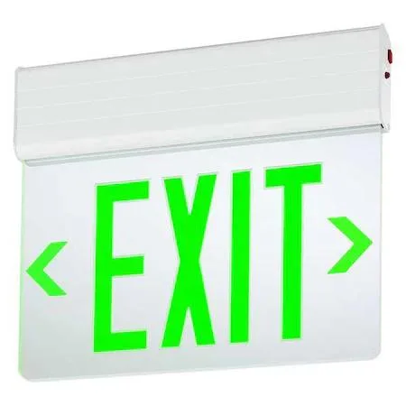 White plastic single-face LED exit sign with green letters and universal chevron arrows