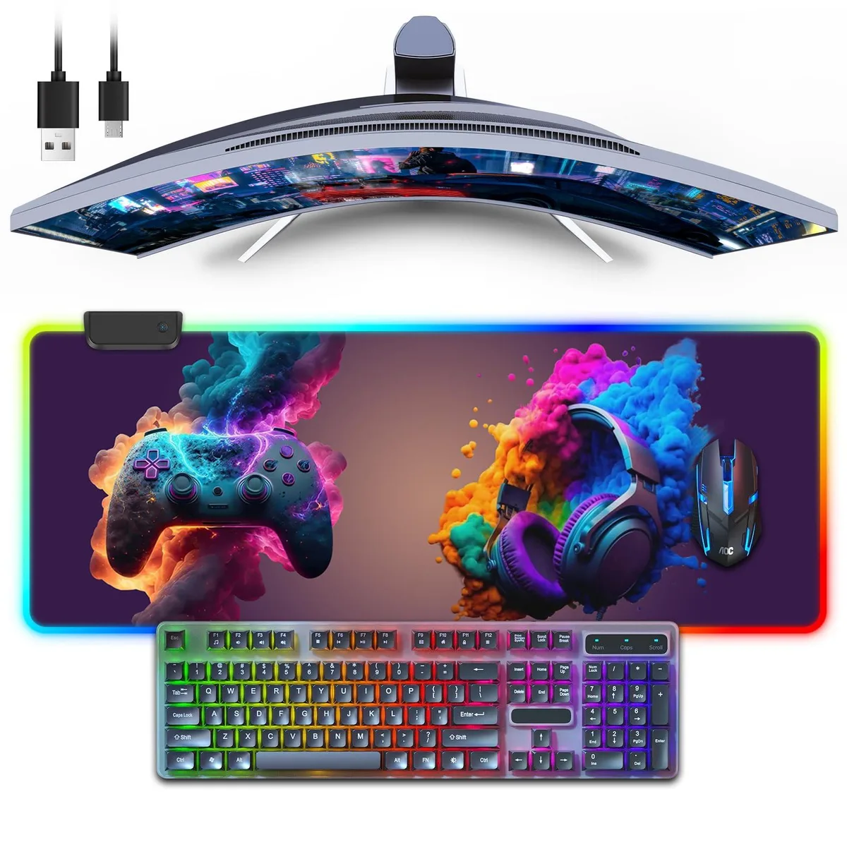 Black rectangular RGB mouse pad 10 by 5 inches thin matte surface USB lit edges