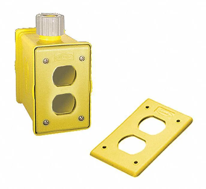 Yellow Valox portable outlet box with cover plates